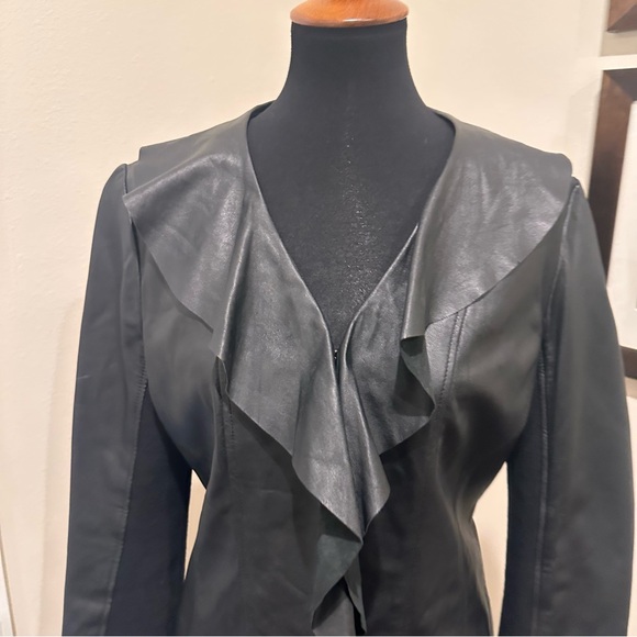 Elegant Black Leather Jacket Ruffle Front Fitted Genuine Leather Coat - Picture 4 of 14